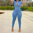 Macacão feminino jeans de uma peça, gola virada para baixo, manga comprida, bainha, calças compridas, sexy,  cintura alta
