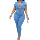 Macacão feminino jeans de uma peça, gola virada para baixo, manga comprida, bainha, calças compridas, sexy,  cintura alta