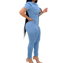 Macacão feminino jeans de uma peça, gola virada para baixo, manga comprida, bainha, calças compridas, sexy,  cintura alta